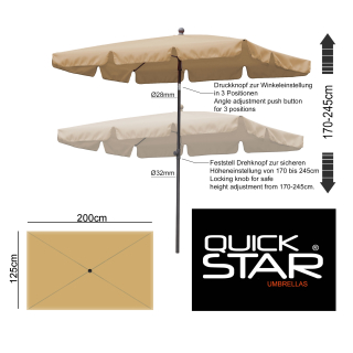 QUICK STAR Balkon Sonnenschirm 200x125cm Balkonschirm Rechteckig Knickbar Sand Gartenschirm UV 50