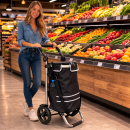 Folding Aluminium Shopping Trolley 57L (48L + 9L Insulated) – Black – 30kg Load, 35×45×98cm – EVA Wheels Ø20.5cm – Foldable, Hand Truck & Shoulder Bag – Supermarket Hooks