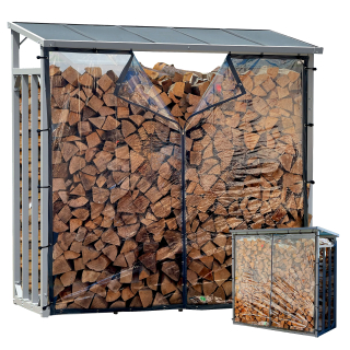 Aluminium Kaminholzregal Außen 185 x 70 x 185 cm Mit Wetterschutz Transparent, Pro - 40 mm Aluprofil, Grau, Wetterfest, Kapazität 2,3 m³ (3,5 SRM), XXL Garten Kaminholzunterstand Stapelhilfe