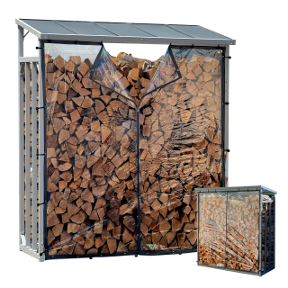 Aluminium Kaminholzregal Außen 130 x 70 x 185 cm Mit Wetterschutz Transparent, Pro - 40 mm Aluprofil, Grau, Wetterfest, Kapazität 1,6 m³ (2,5 SRM), L Garten Kaminholzunterstand Stapelhilfe